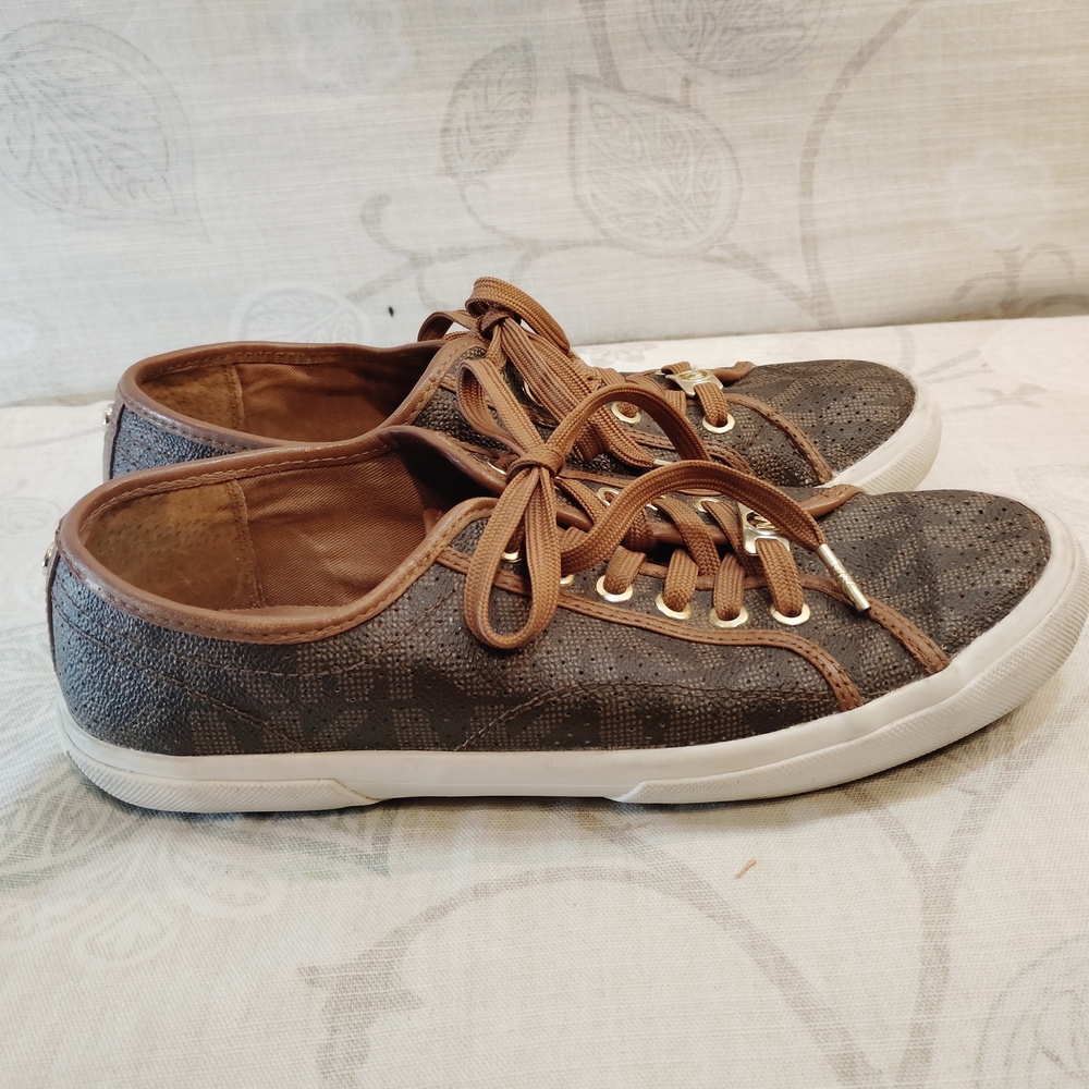 Michael Kors Sz 9 Women's Brown Signature Logo Perforated  Canvas Sneakers
